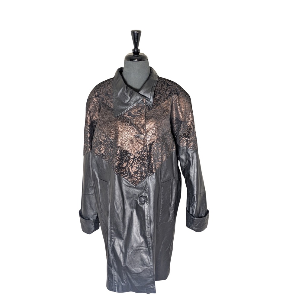 Vintage Avanti Womens L Leather Coat Metallic Floral Embellished Black Bronze